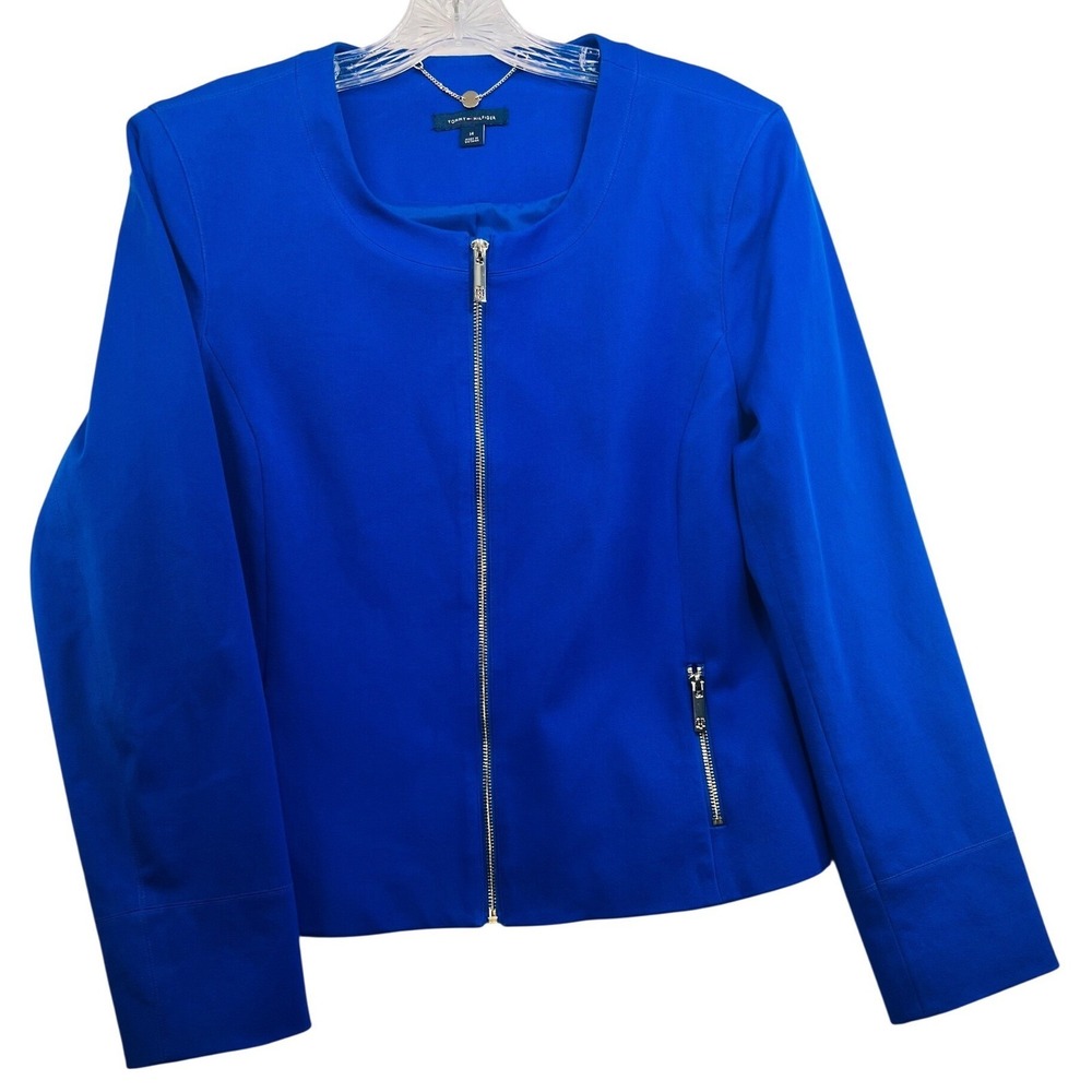 Tommy Hilfiger Womens Royal Blue Collarless Full Zip Blazer Jacket Size 14